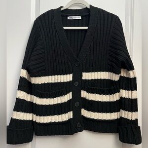 ZARA Black & White Striped Cardigan | Button Front Knit | Y2K Preppy | S/M
